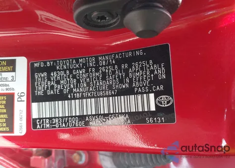 2014 Toyota Camry Le из США, поврежденный, VIN 4T1BF1FK7EU858647